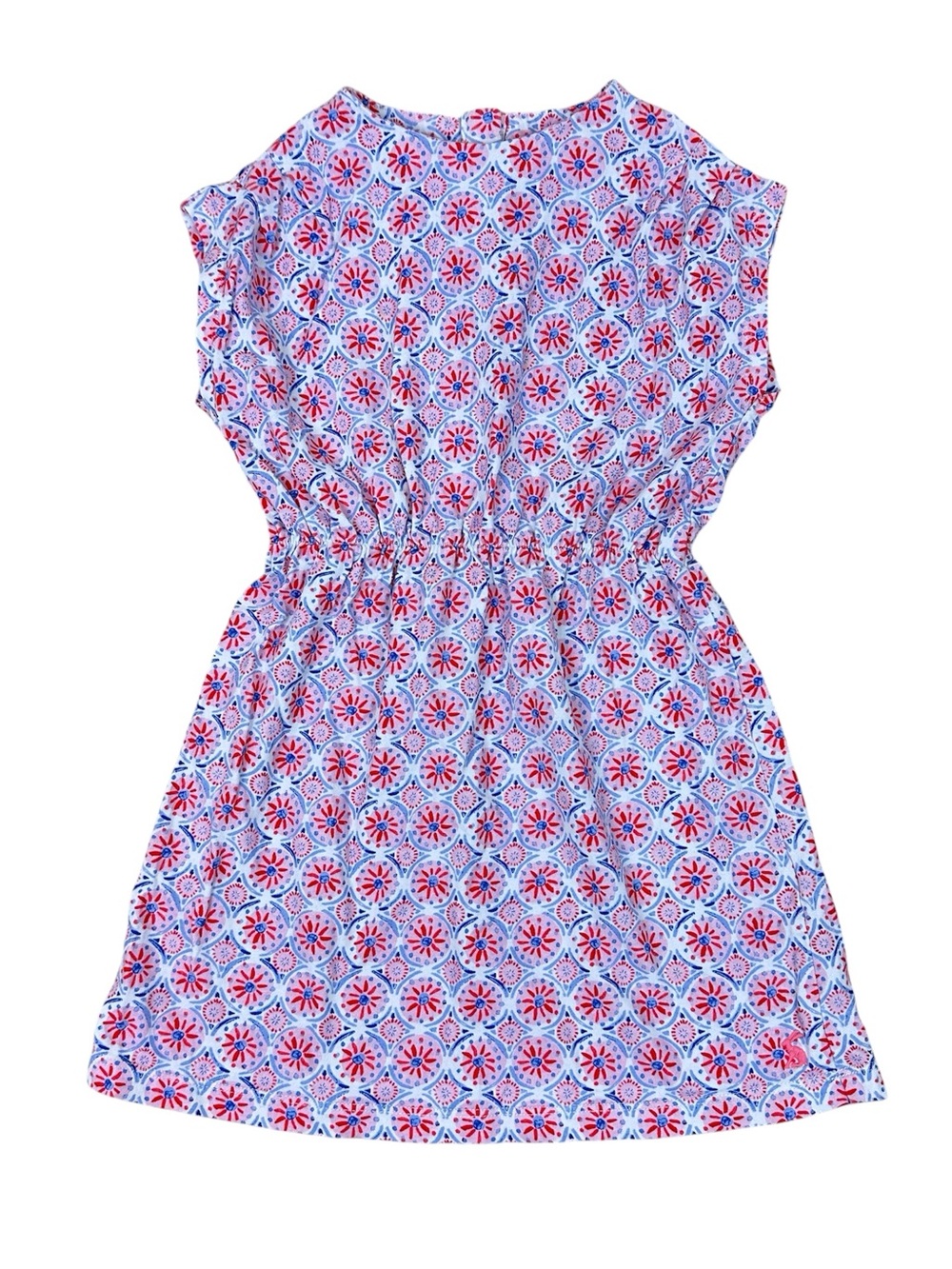 Joules Blue Dress with Pink & Red Medallion Print